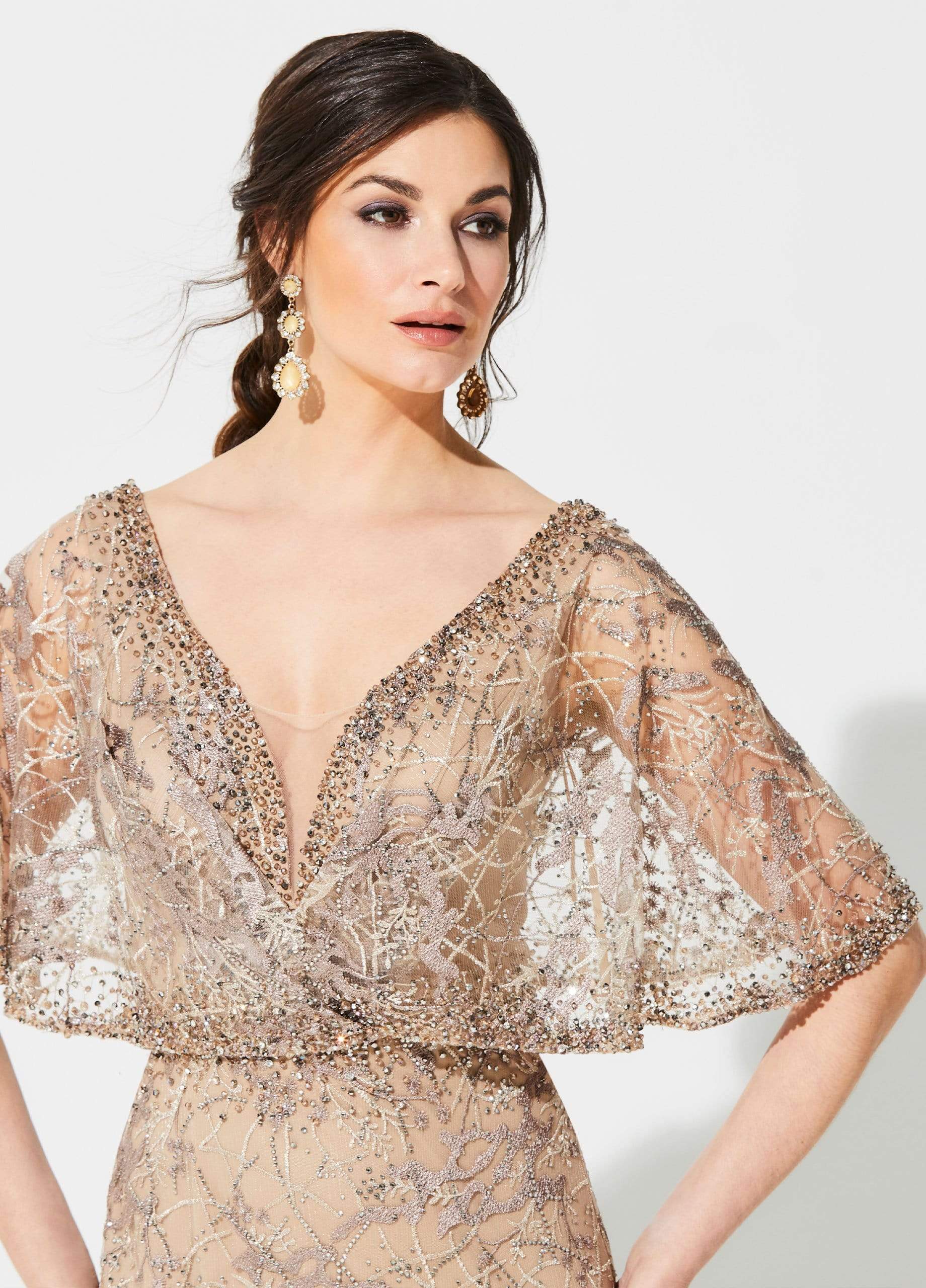 219D72 Embroidered Kimono Sleeve Lace Gown