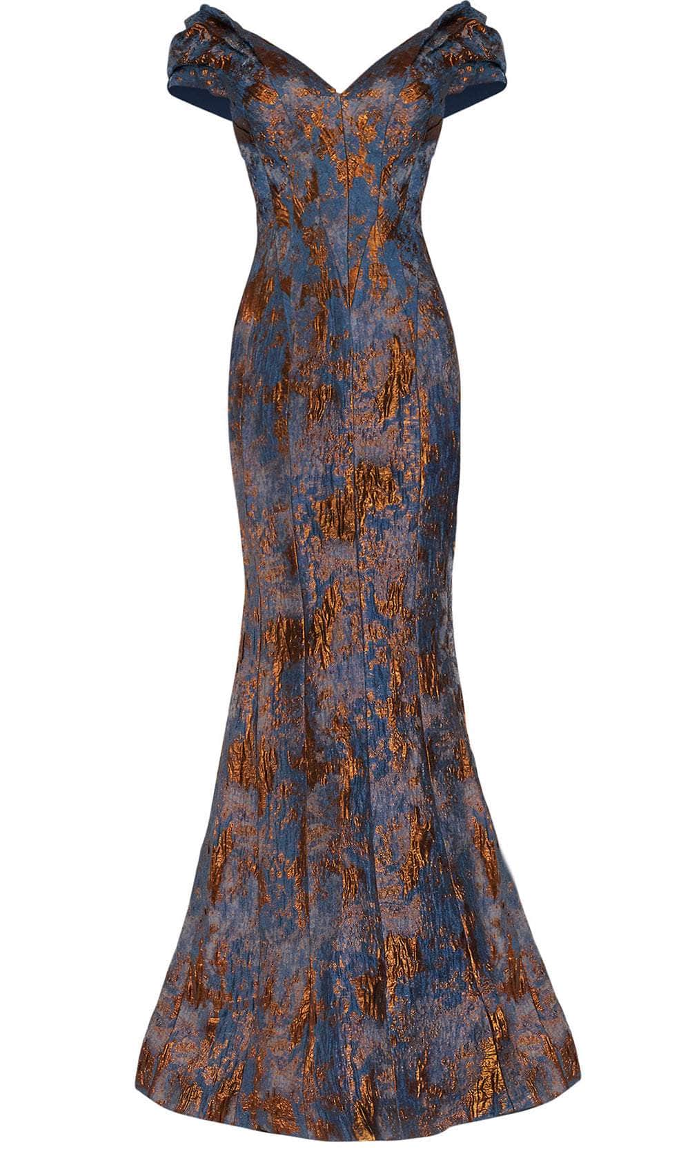 66721 Ruched Cap Sleeve Jacquard Mermaid Gown