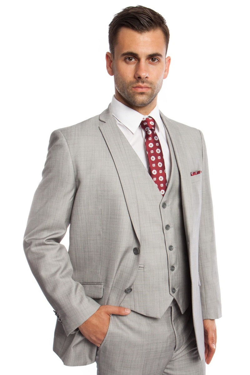 Men’s Two Button Vested Business Sharkskin Suit in Light Grey