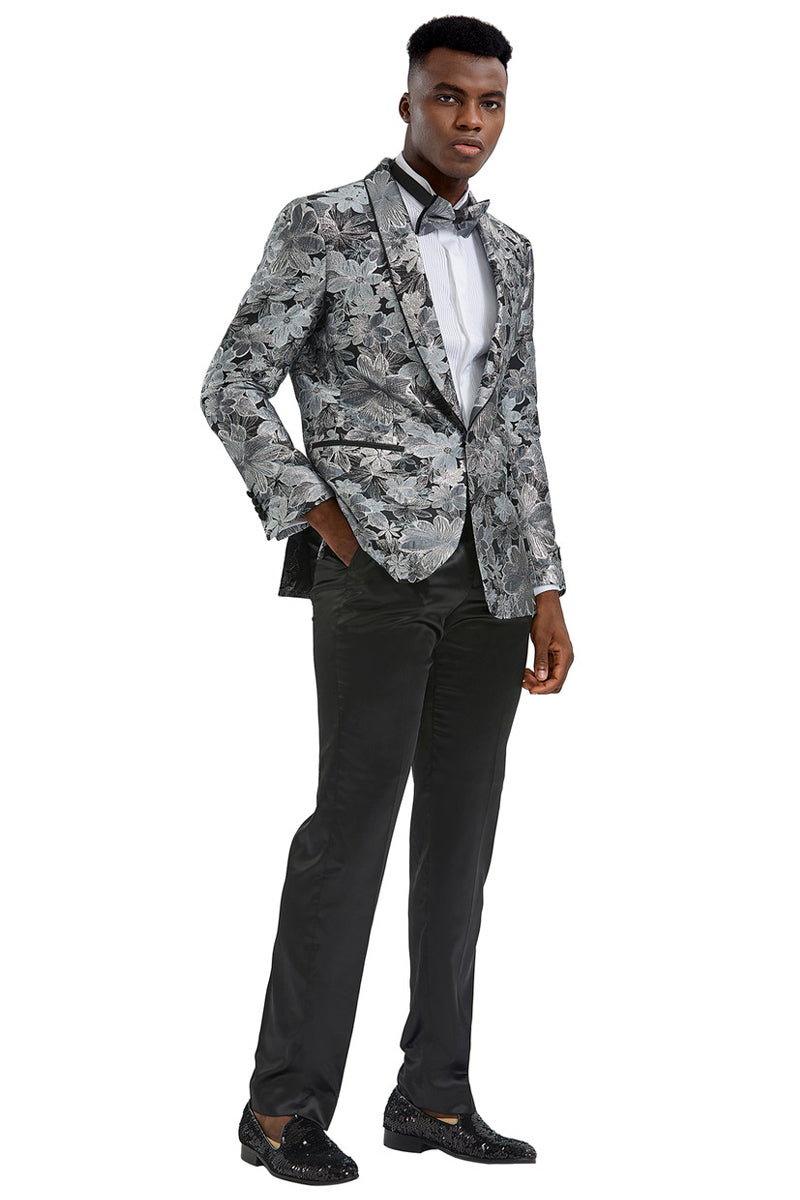 Men’s Slim Fit Paisley Prom Tuxedo Jacket in Charcoal & Silver Grey