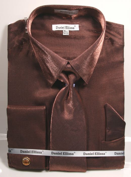 Men’s Shiny Metallic Velvet Dress Shirt & Tie Set in Brown