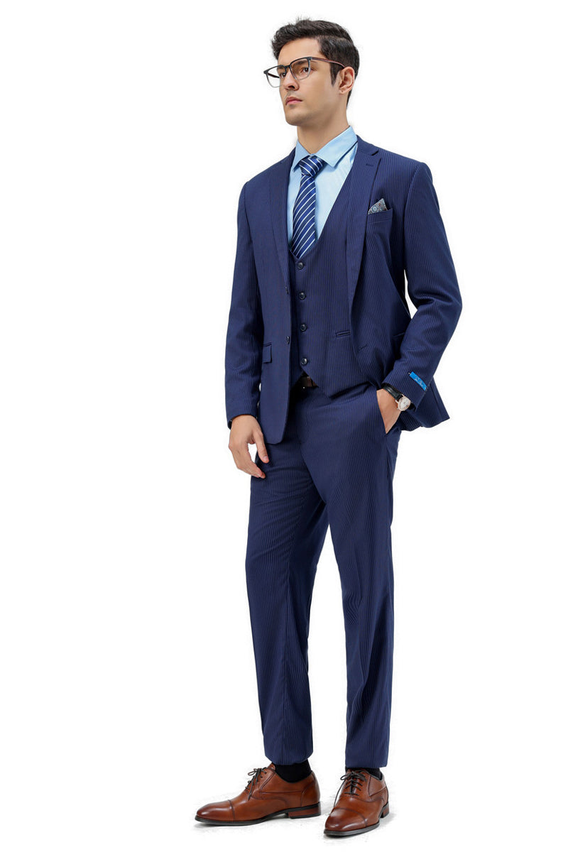 Men’s Two Button Modern Fit Vested Business Suit in Blue Pinstripe