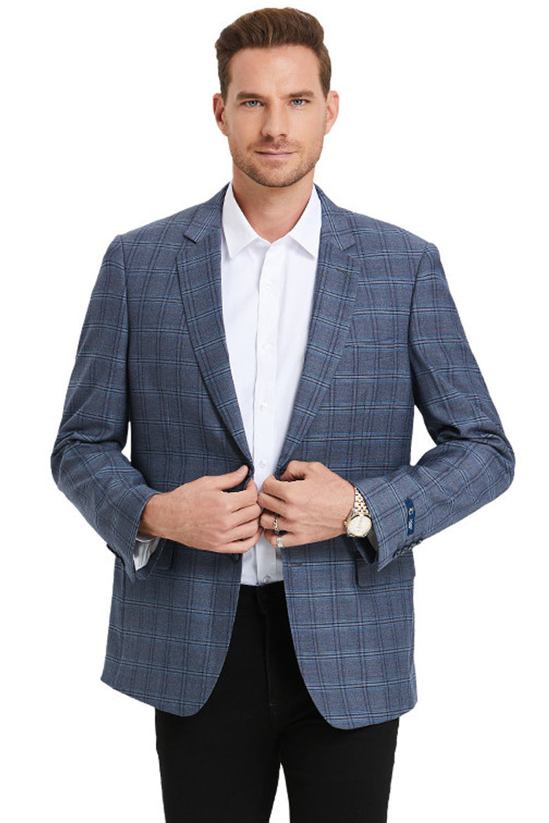 Men’s Two Button Business Casual Double Windowpane Sport Coat in Light Blue