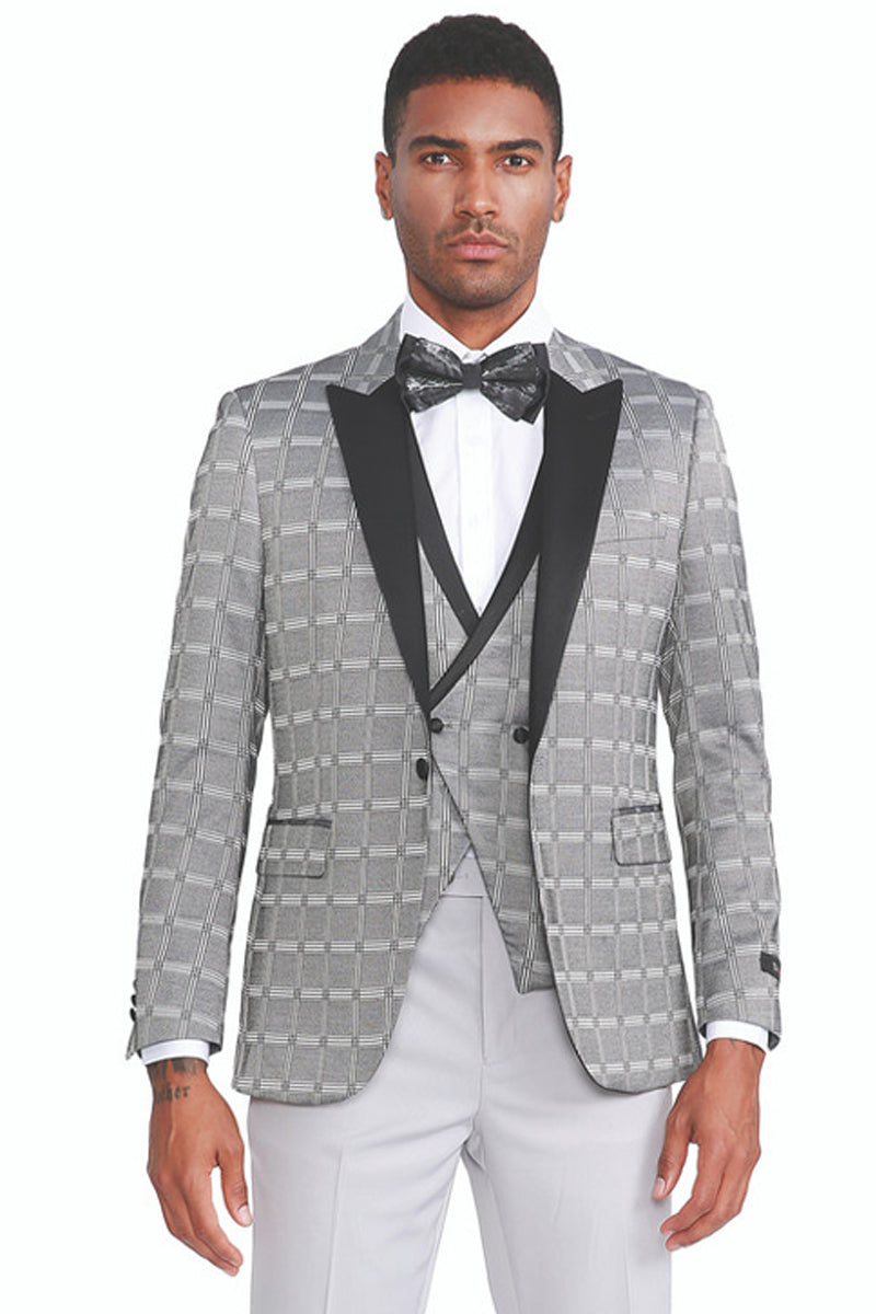 Men’s One Button Peak Lapel Tuxedo with Double Breasted Vest in Silver Grey Plaid