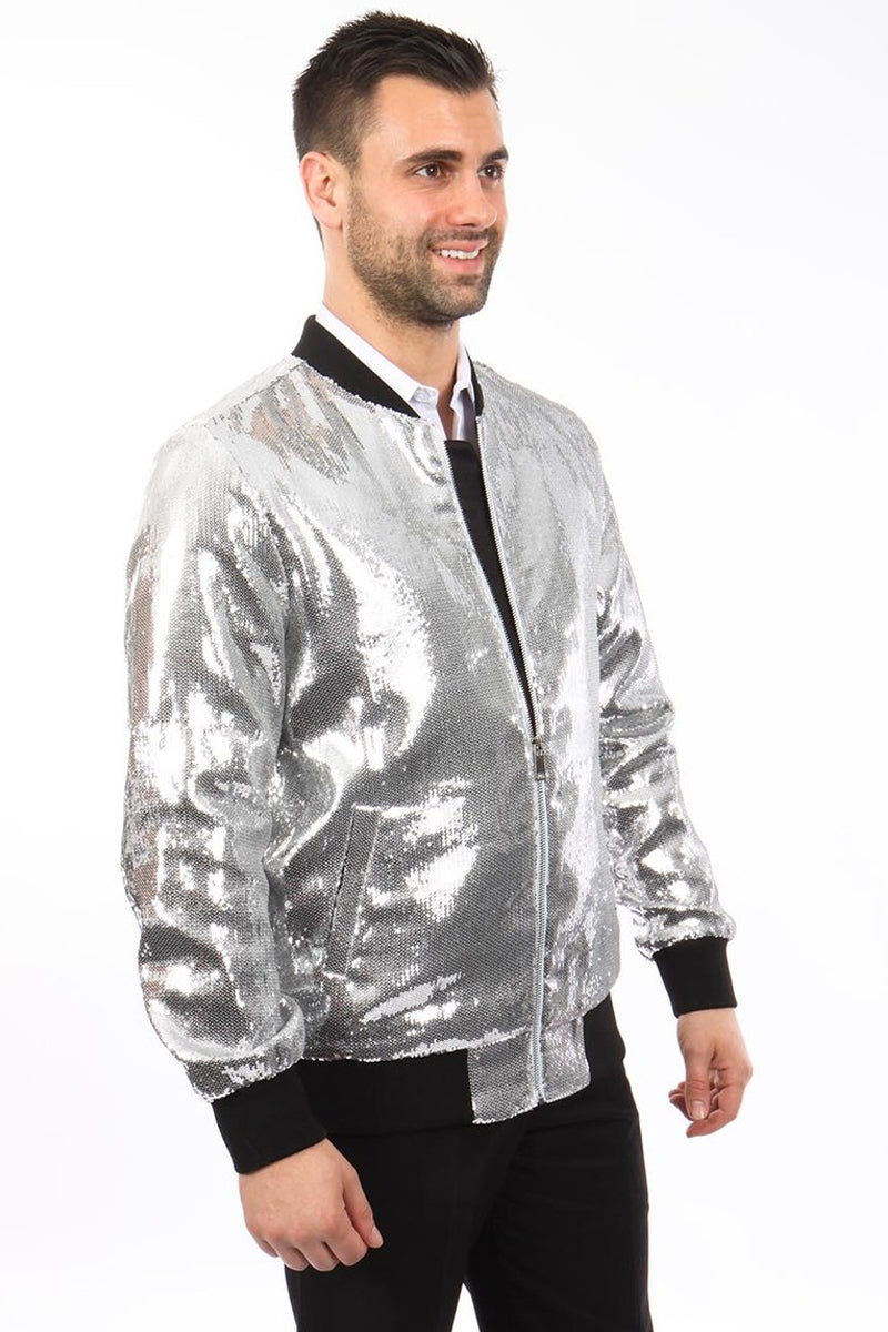 Men’s Shiny Sequin Bomber Jacket in Silver