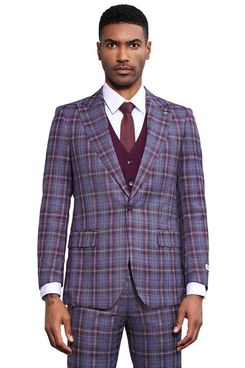 Men’s Stacy Adams Bold Windowpane Plaid Print Vested Suit in Lavender & Purple