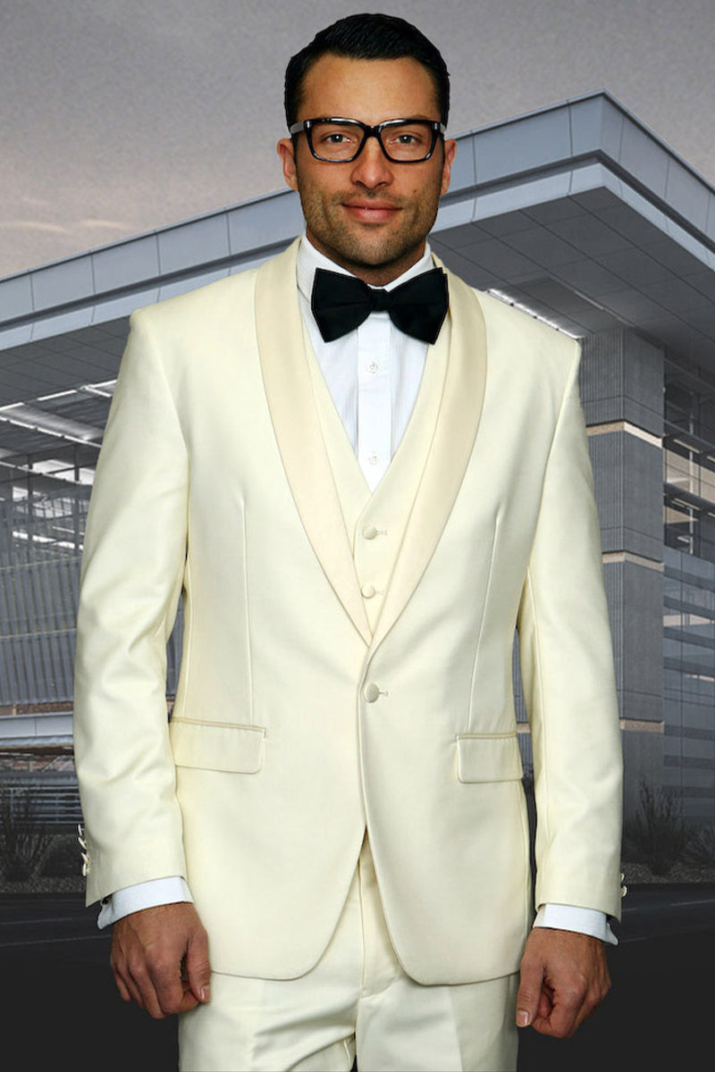 Men’s Designer Wool One Button Shawl Lapel Wedding Tuxedo in Off White Ivory