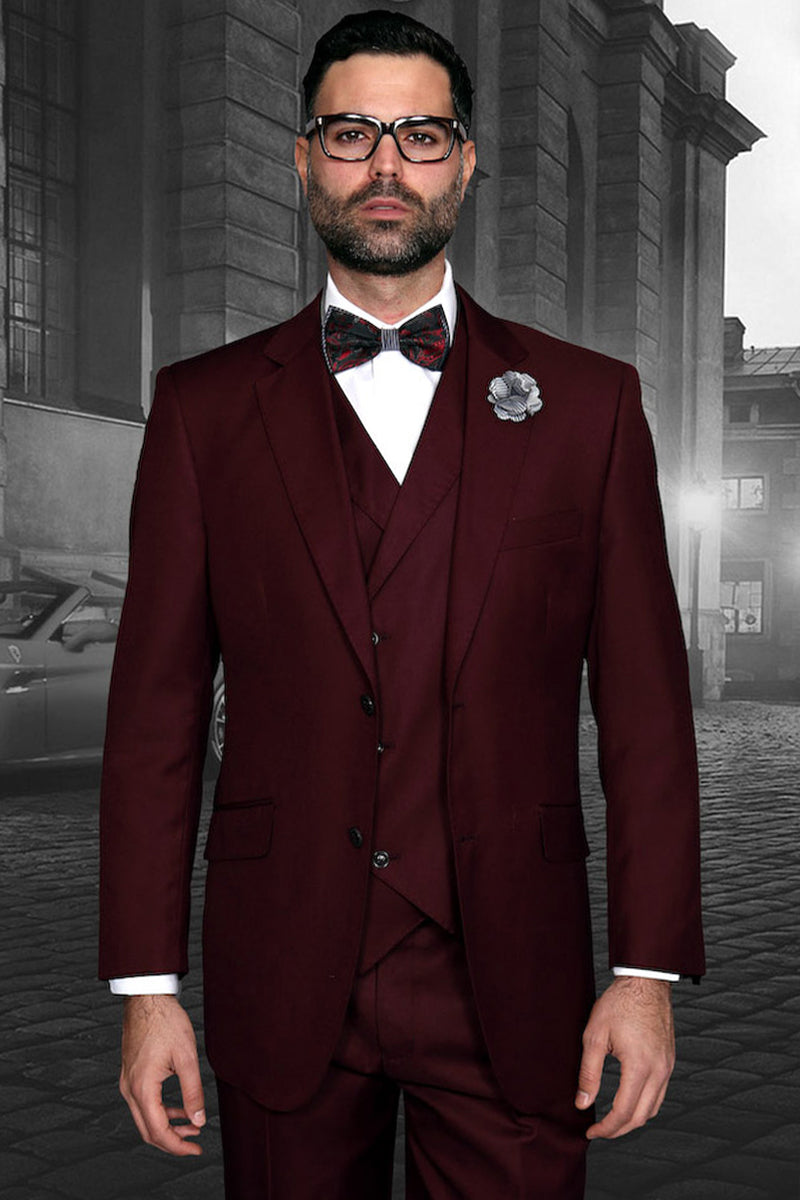 Men’s Designer Classic Fit Pleated Pant Wool Suit with Double Breasted Vest in Burgundy