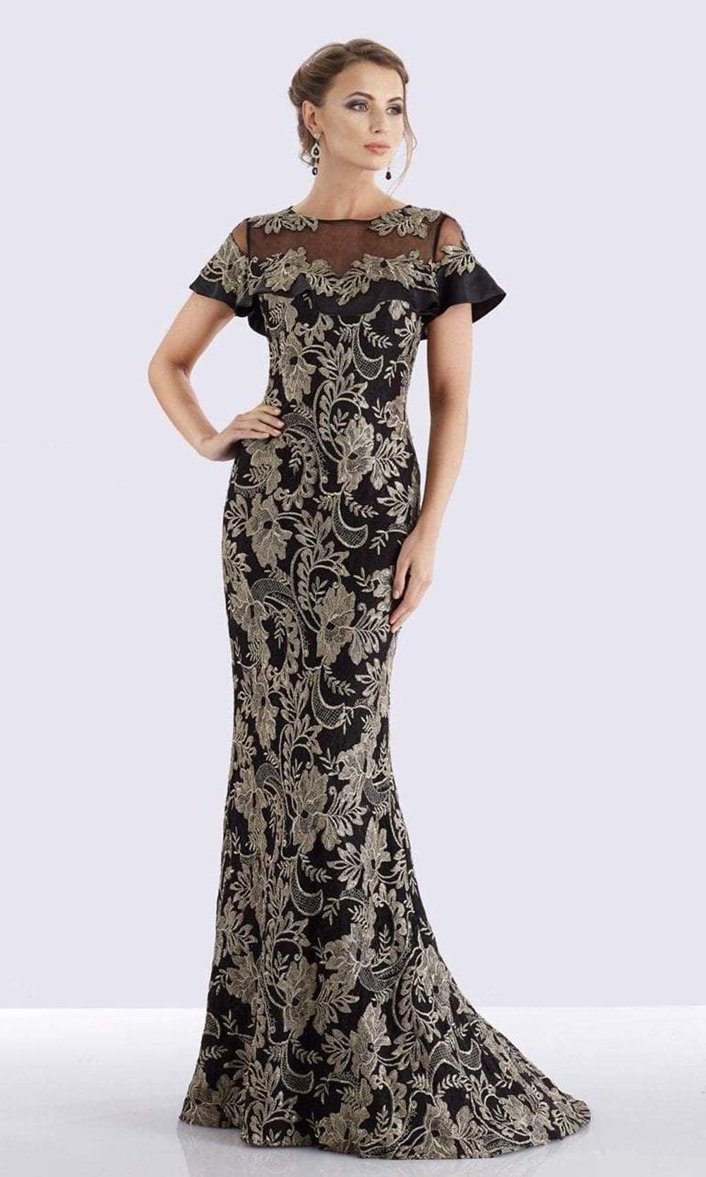18659 Embroidered Illusion Ruffled Evening Dress