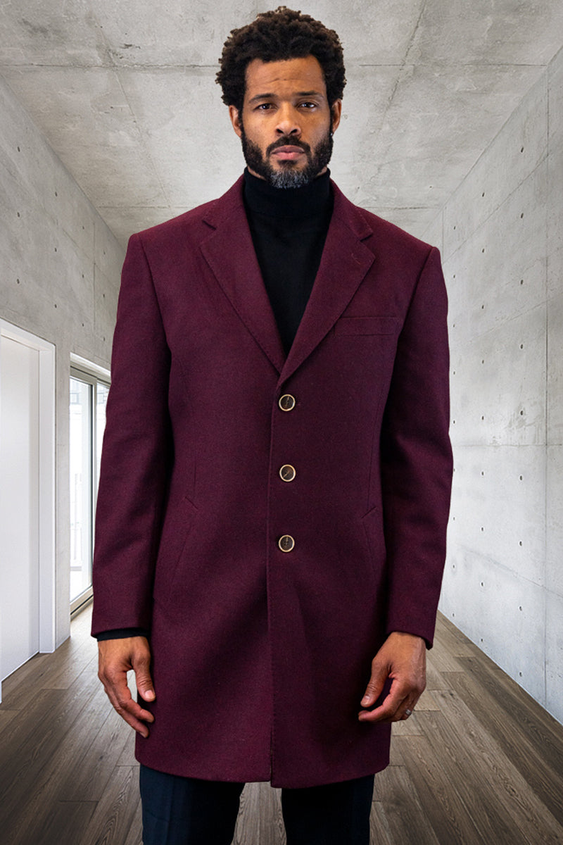 Men’s Designer 100% Wool Winter Overcoat in Burgundy