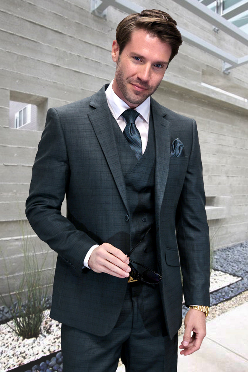 Men’s Designer Wool Vested Modern Fit Sharkskin Suit in Hunter Green