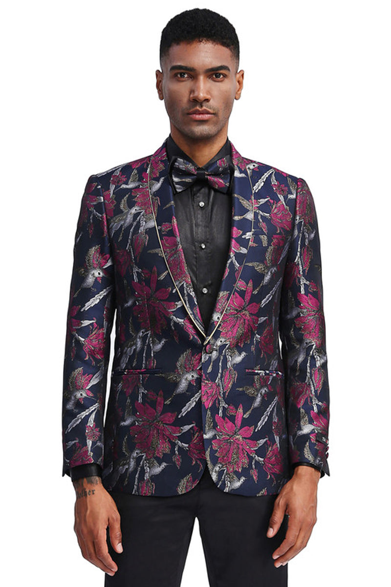 Men’s Slim Fit Shawl Lapel Dinner Jacket in Navy & Fucshia Pink Floral Design