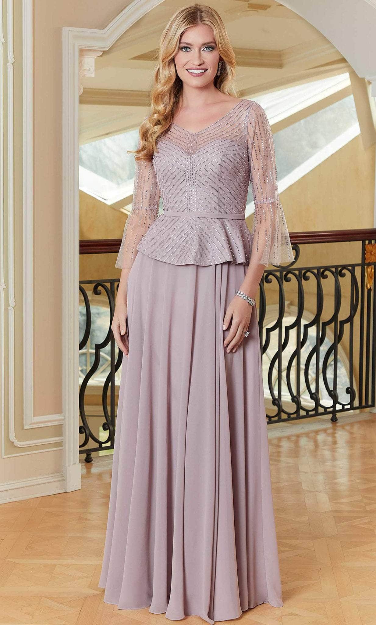 Beaded Illusion V-Neck Evening Gown