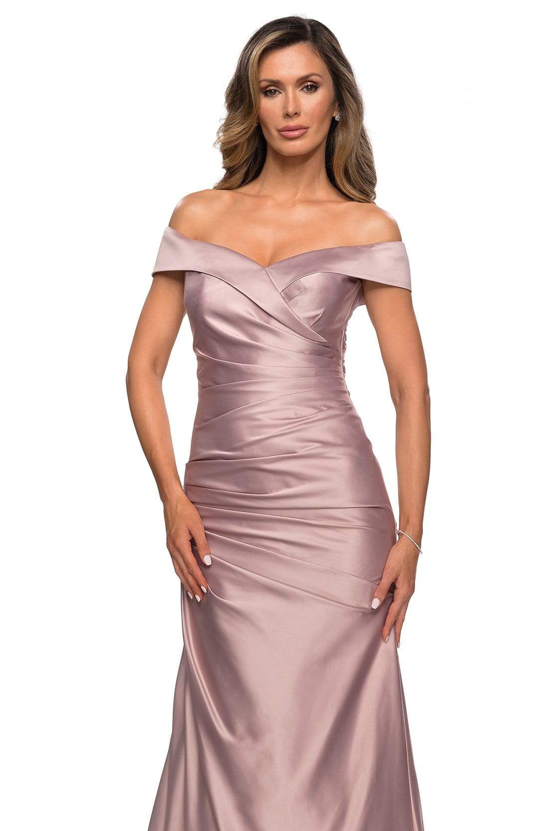 28103 Off Shoulder Pleated Satin Evening Gown
