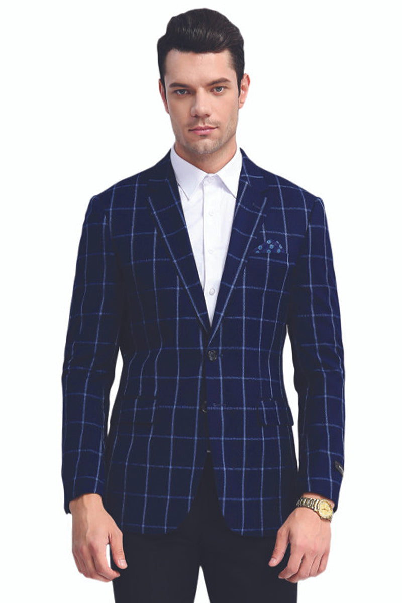 Men’s Slim Fit Two Button Chalk Bold Windowpane Sport Coat in Navy Blue
