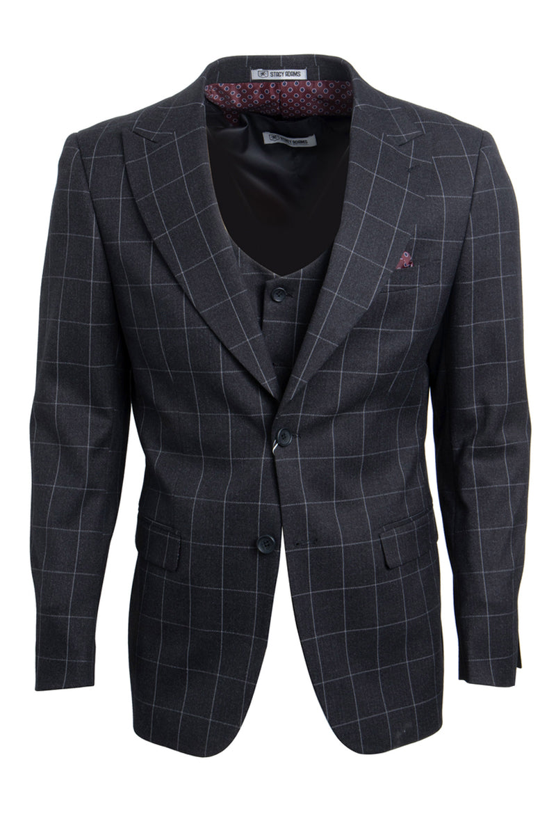 Men’s Stacy Adams Two Button Vested Peak Lapel Suit in Charcoal Grey Windowpane Plaid