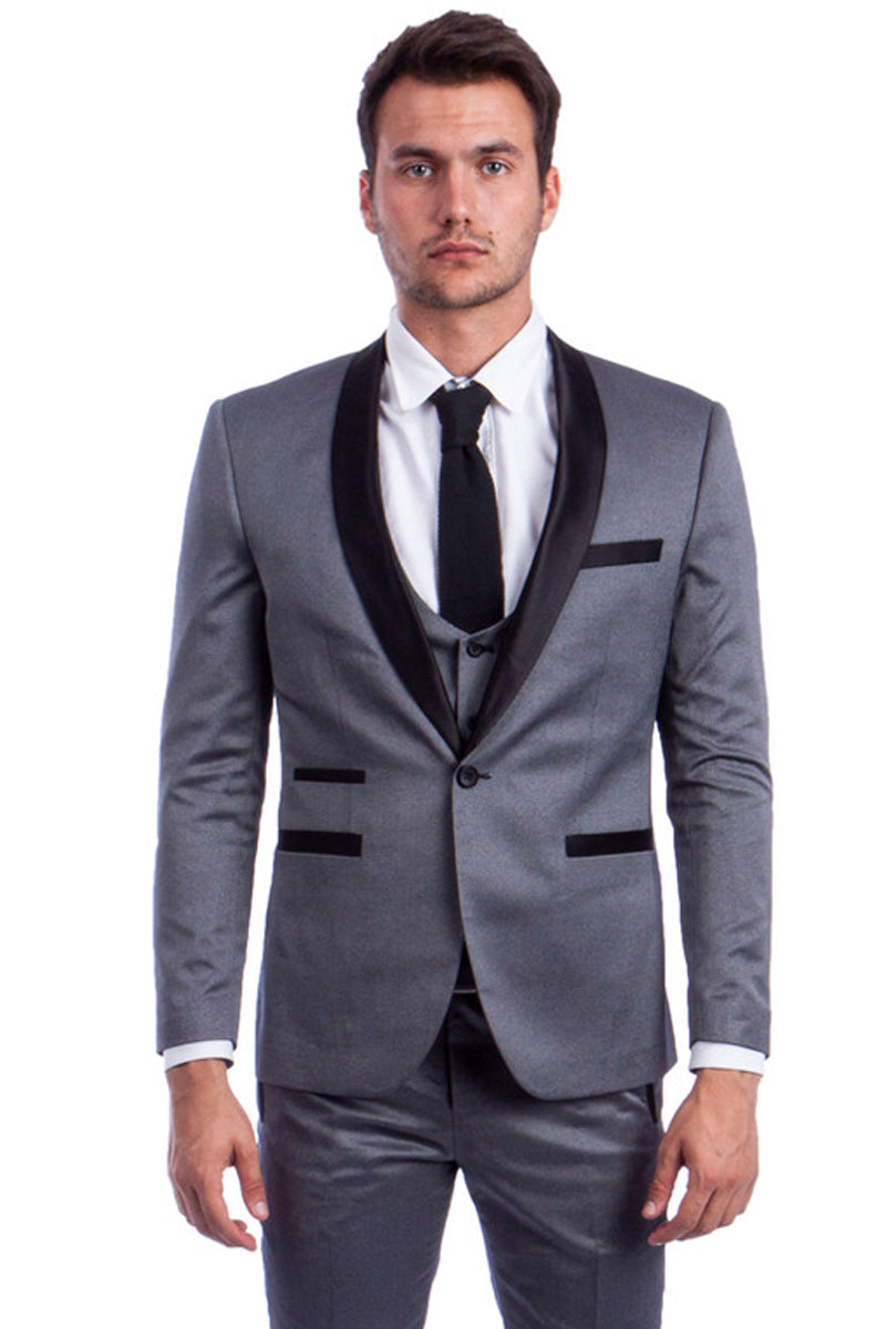 Men’s One Button Low Cut Vested Shawl Tuxedo in Grey