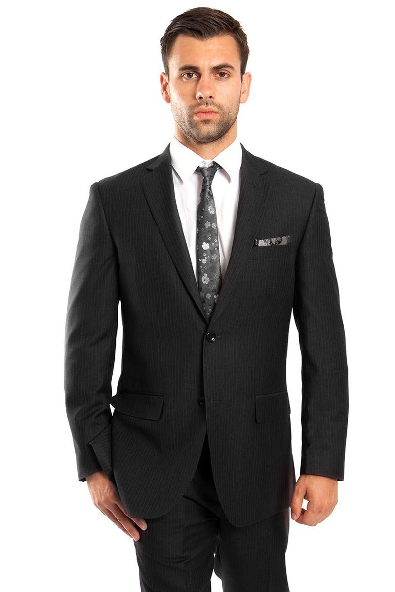 Men’s Two Button Regular Fit Micro Pinstripe Business Suit in Black
