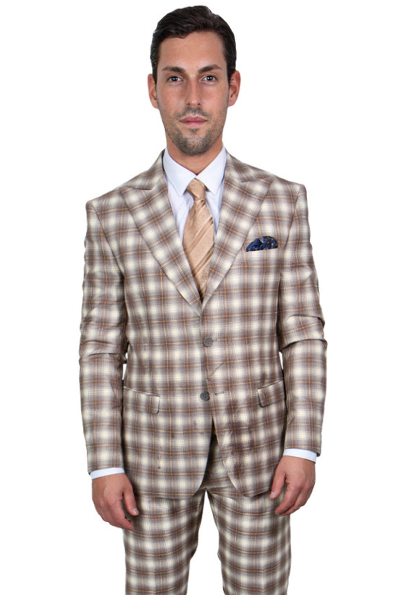 Men’s Stacy Adams Two Button Vested Bold Windowpane Plaid Suit in Brown & Tan