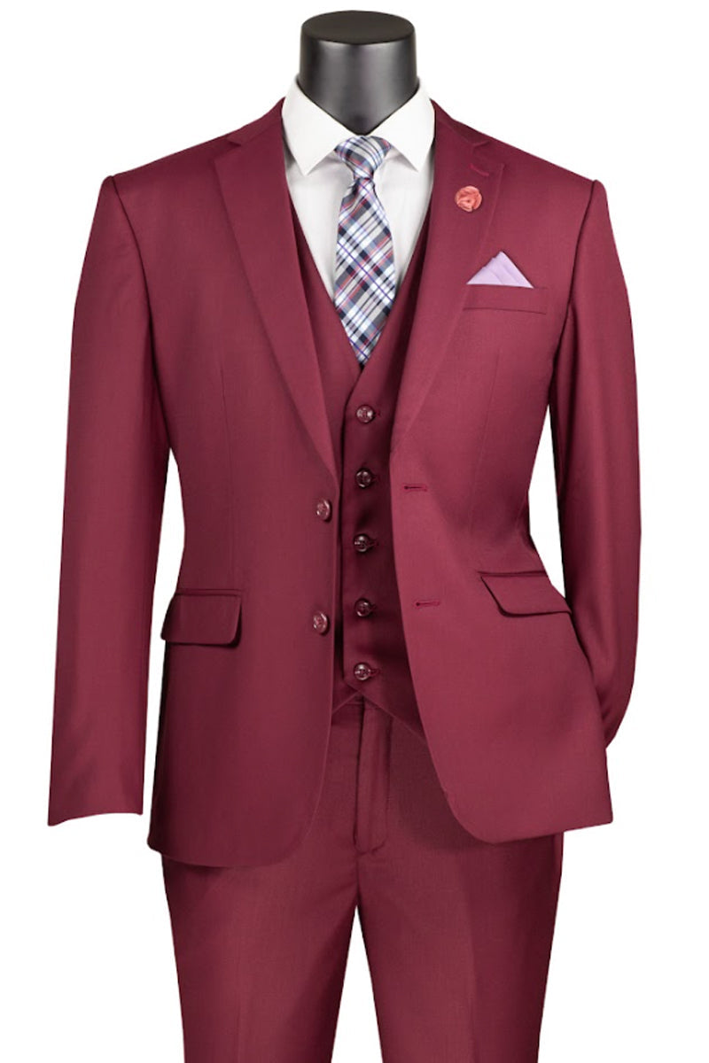 Men’s Basic 2 Button Vested Slim Fit Suit in Burgundy