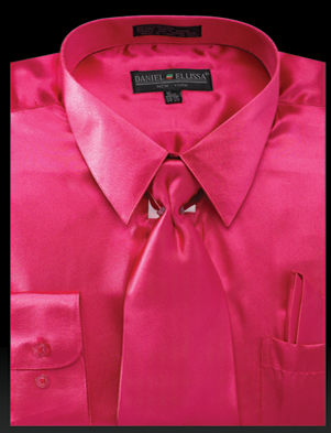 Men’s Regular Fit Shiny Satin Dress Shirt, Tie & Pocket Square Set in Fuchsia Pink