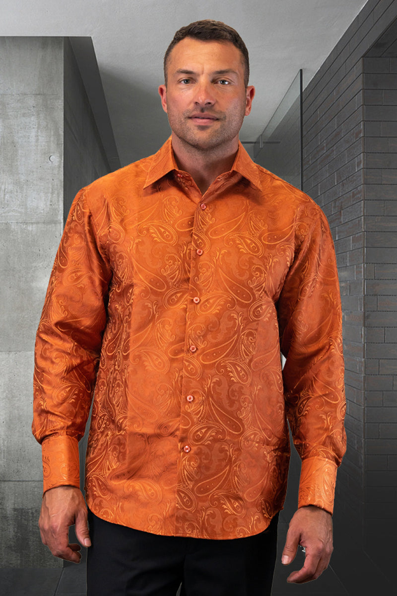 Men’s Fancy Long Sleeve Woven Paisley Dress Shirt in Copper