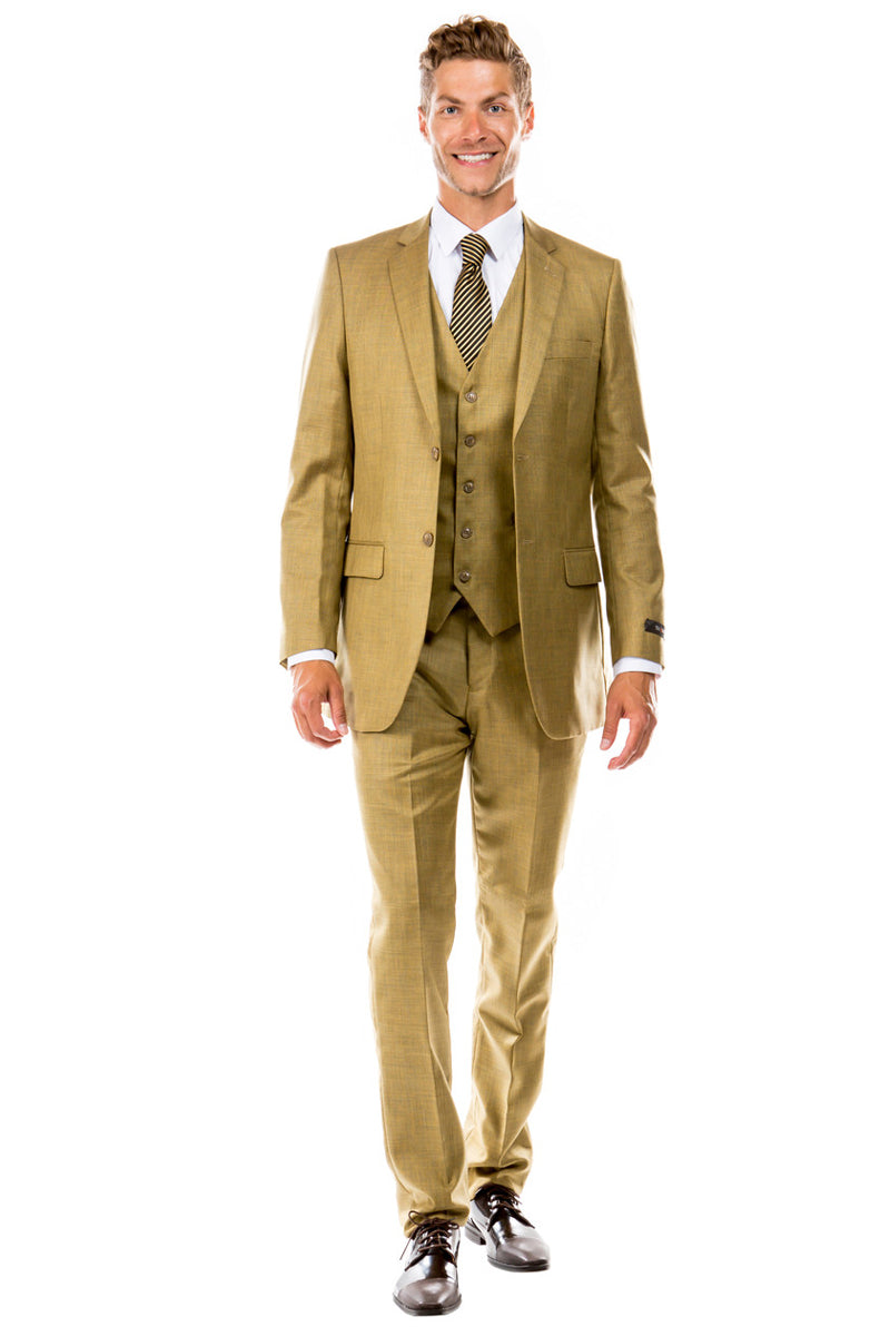 Men’s Two Button Hybrid Fit Vested Sharkskin Wedding & Business Suit in Oatmeal Tan