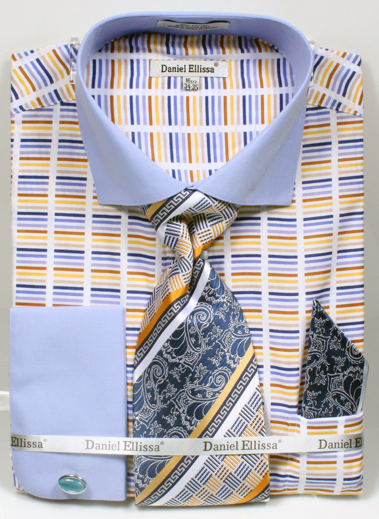 Men’s Wide Spread Collar Contrast Cuff Horizontal Multi Stripe Dress Shirt & Tie Set in Blue