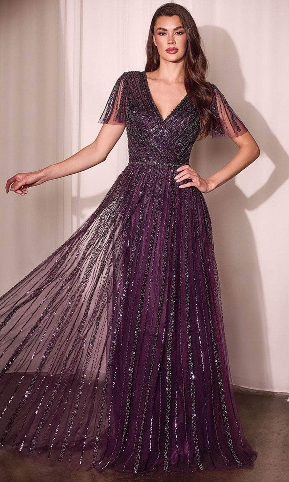 Short Sleeve Beaded Evening Gown