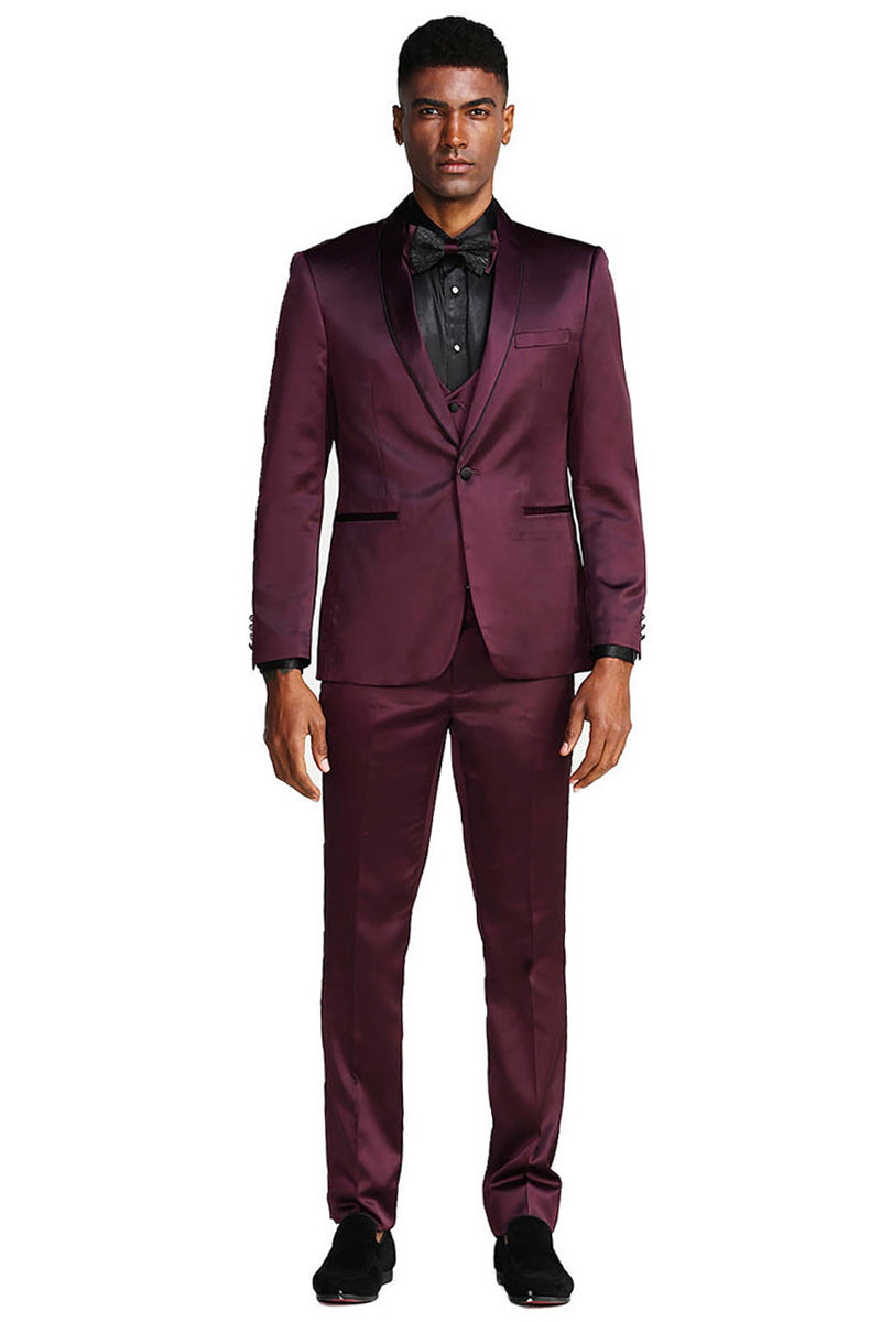 Men’s Slim Fit Vested Shiny Satin Prom & Wedding Tuxedo Suit in Burgundy