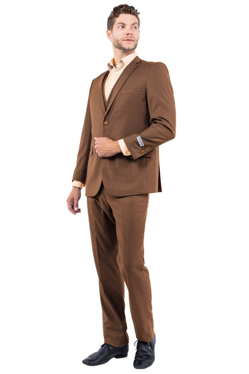 Men’s Two Button Slim Fit Basic Vested Wedding Suit in Cognac