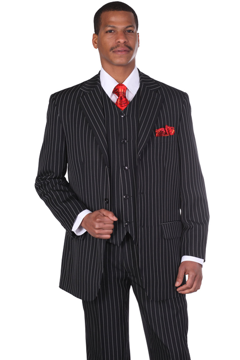 Mens 3 Button Vested Vintage Bold Gangster Pinstripe Suit in Black