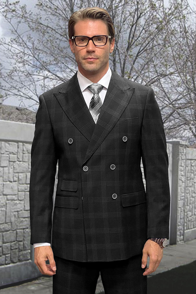 Men’s Designer Classic Fit Double Breasted Wool Suit in Black Windowpane Plaid