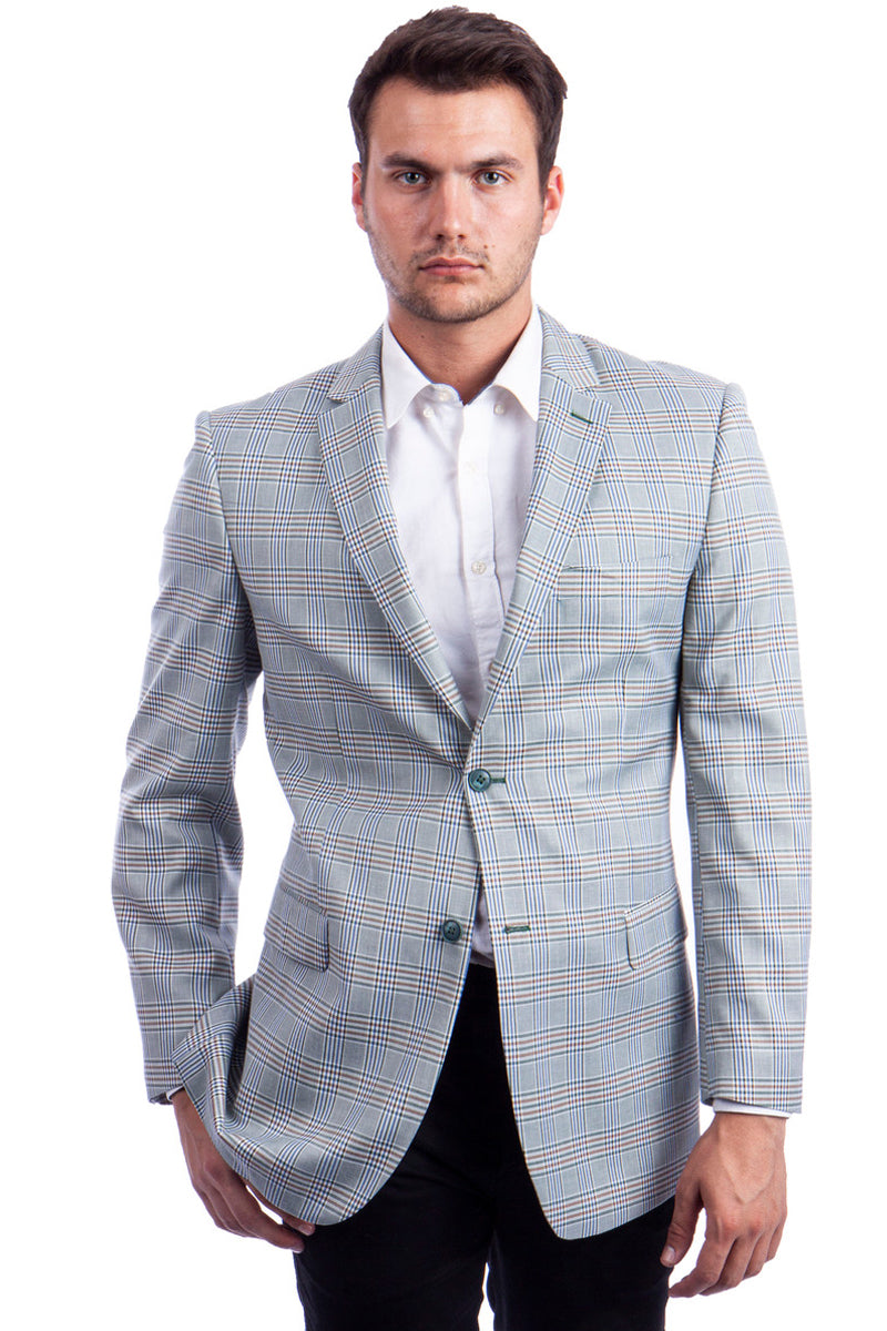 Men’s Two Button Regular Fit Sport Coat in Blue & Tan Windowpane Plaid