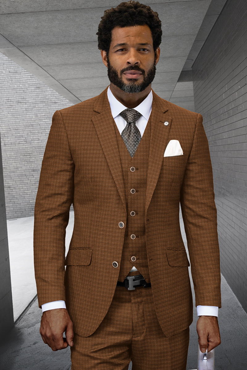 Men’s Two Button Modern Fit Designer Vested Wool Suit in Copper Micro Plaid