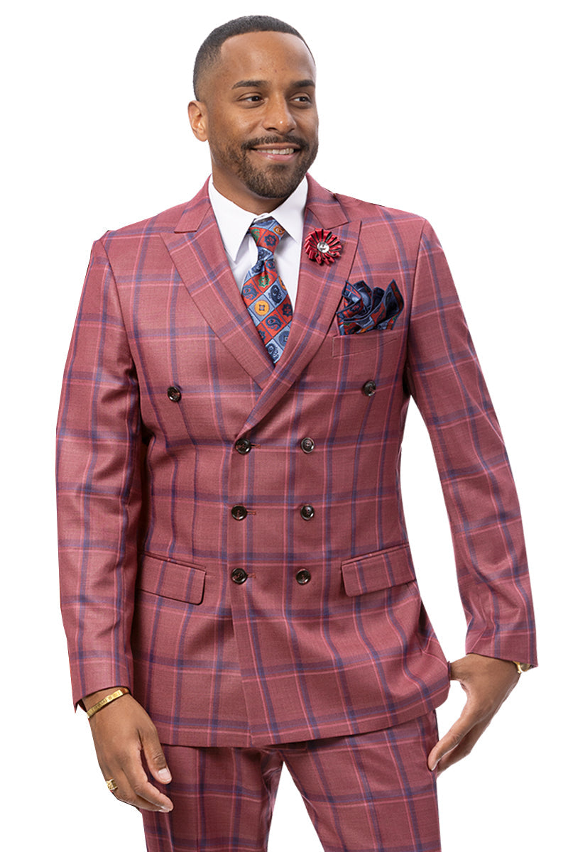 Men’s Double Breasted Fashion Suit in Light Burgundy Windowpane Plaid