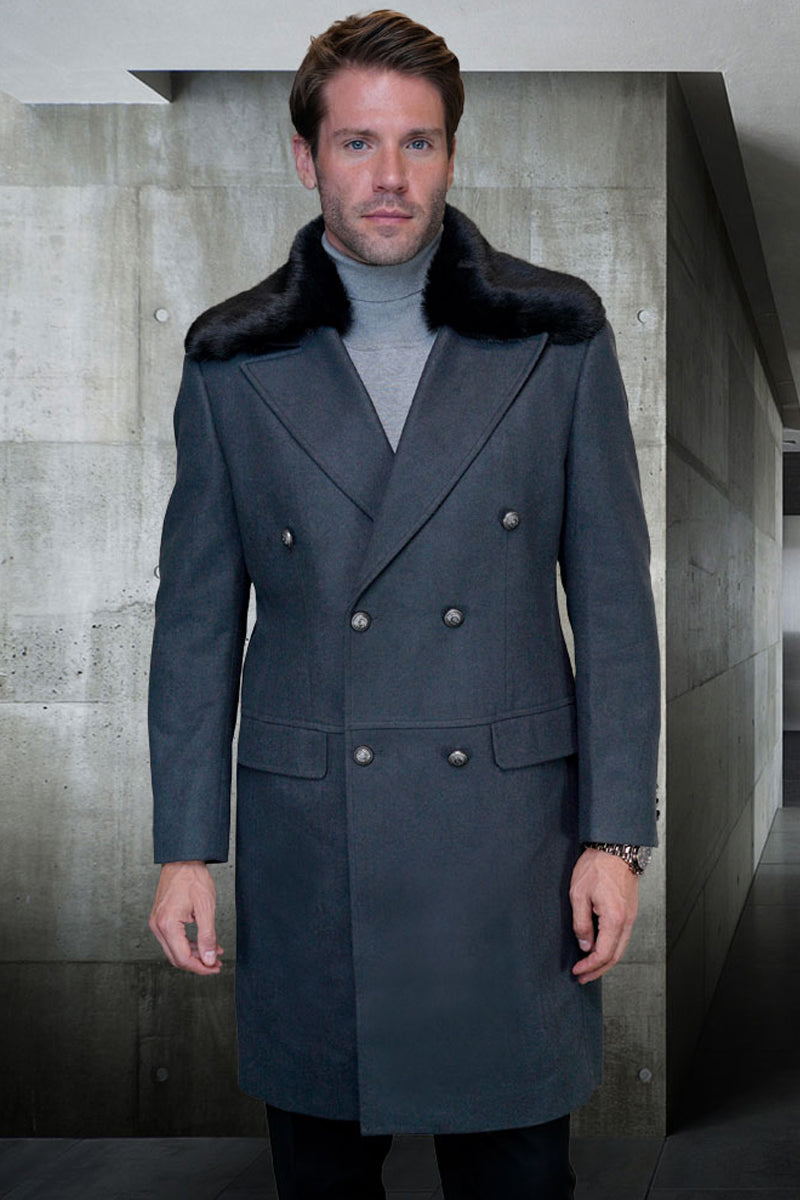 Men’s Designer 100% Double Breasted Winter Overcoat with Removable Fur Collar in Charcoal