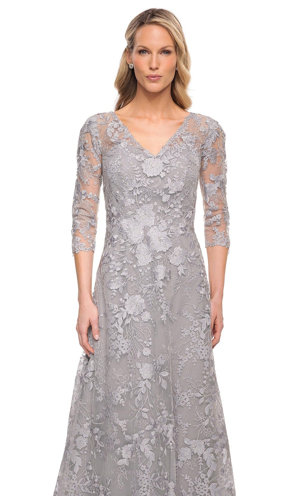 Embroidered Sheer Lace Mother of the Groom V-Neck Gown