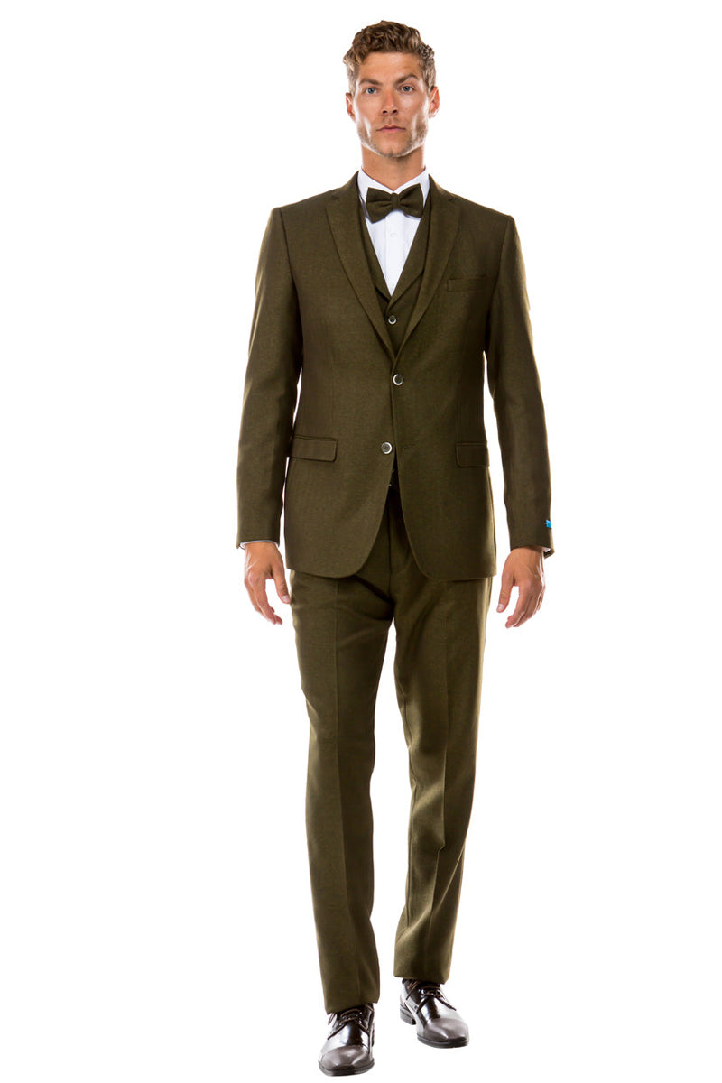 Men’s Two Button Vested Vintage Style Tweed Wedding Suit in Olive Green