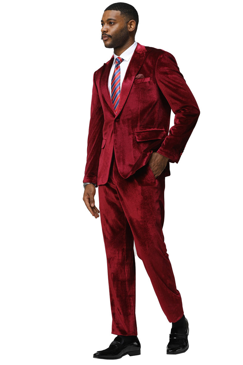 Men’s Slim Fit One Button Velvet Wedding & Prom Suit in Burgundy