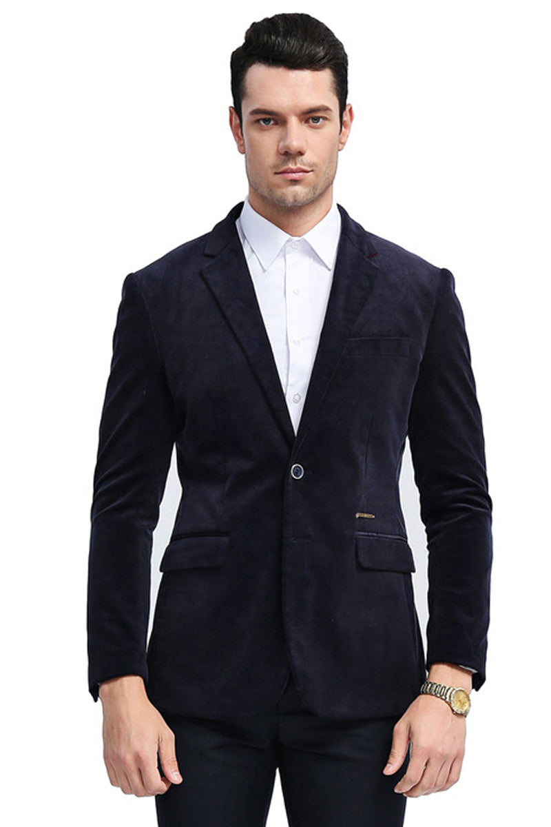 Men’s Two Button Slim Fit Casual Velvet Jacket in Navy Blue