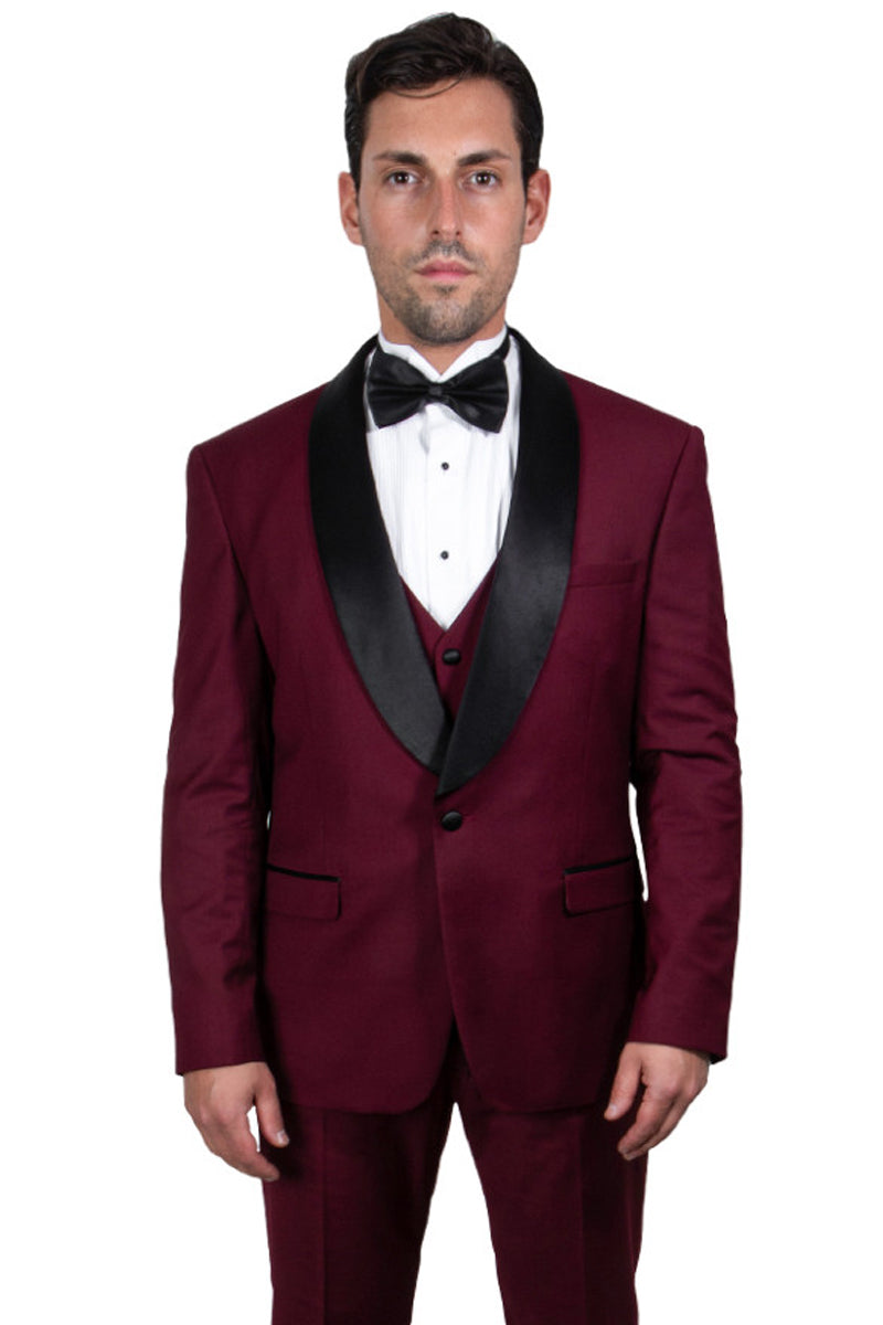 Men’s Stacy Adams Vested One Button Shawl Lapel Tuxedo in Burgundy