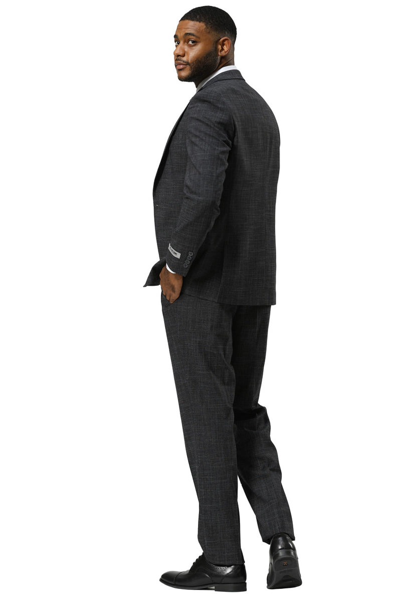 Men’s Stacy Adams One Button Peak Lapel Vested Sharkskin Suit in Charcoal