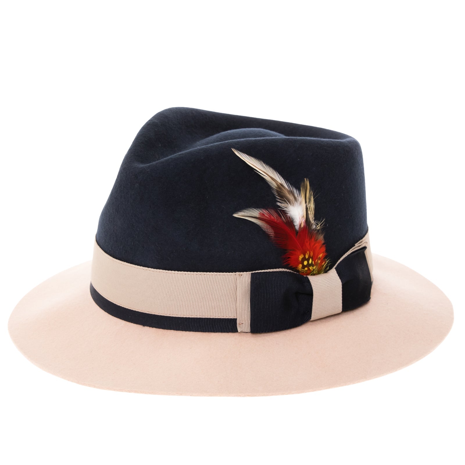 Men’s Two Tone Trilby Fedora Dress Hat with Contrast Band in Navy & White