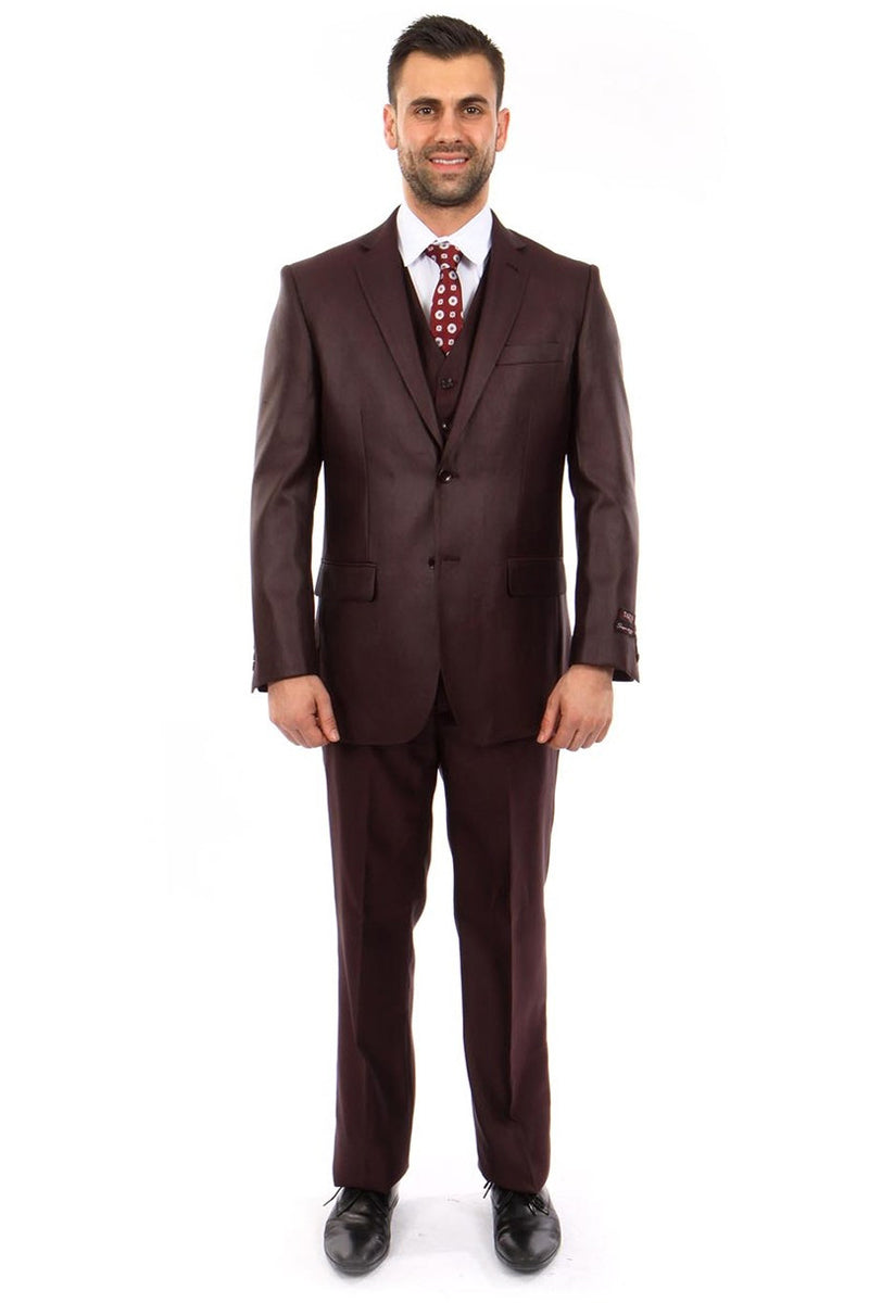 Men’s Two Button Vested Textured Sharkskin Business Suit in Burgundy