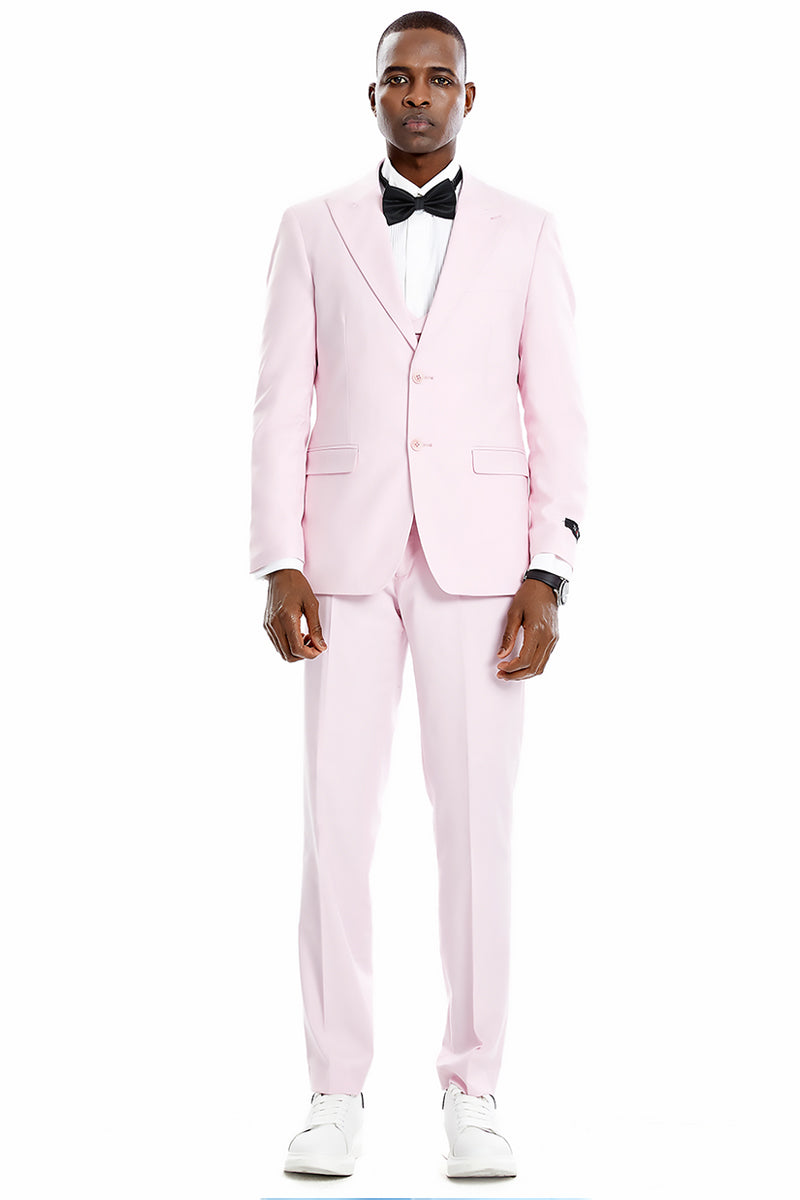 Men’s Two Button Vested Peak Lapel Pastel Wedding & Prom Suit in Pink