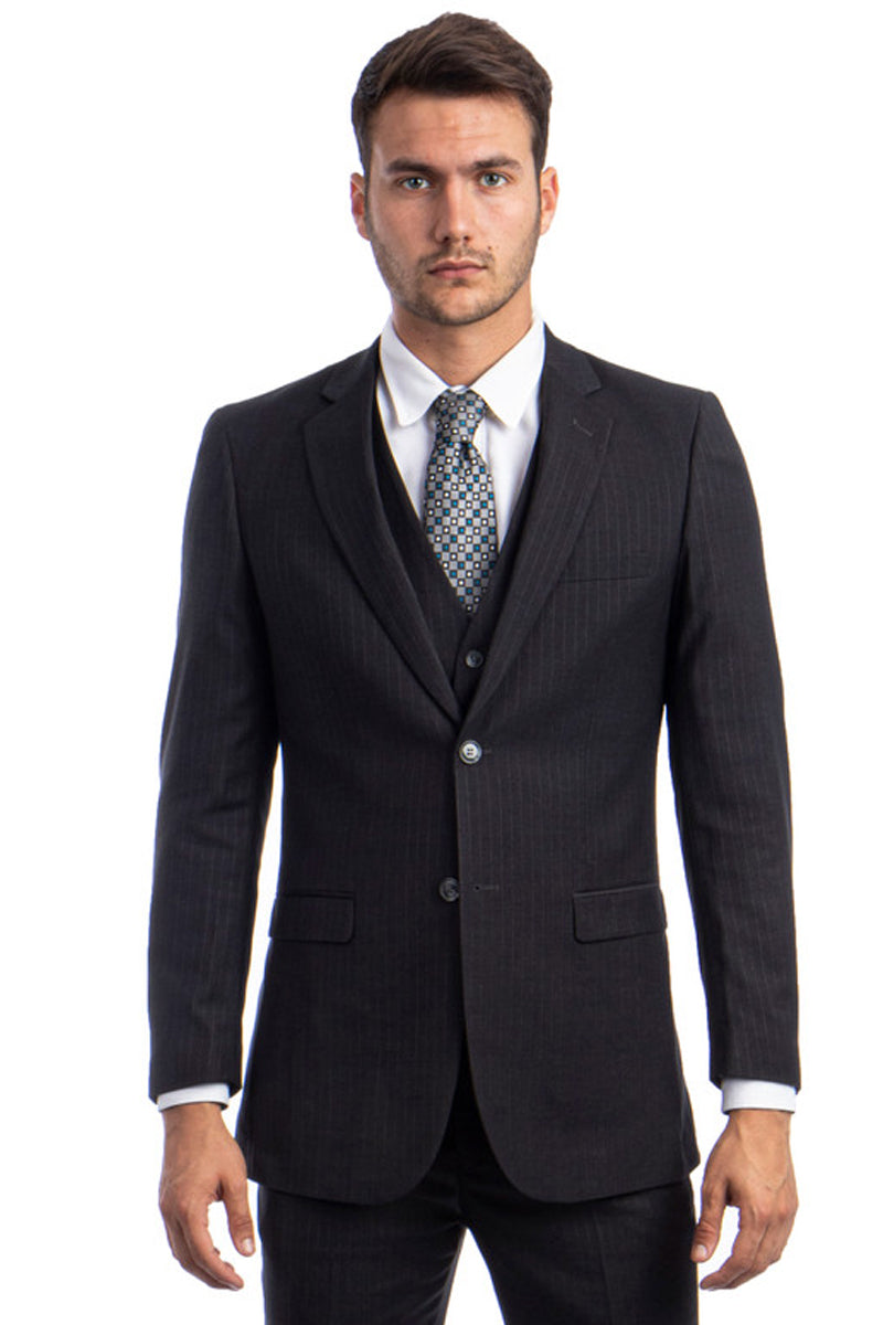 Men’s Modern Fit Vested Business Suit in Charcoal Grey Tonal Shadow Pinstripe