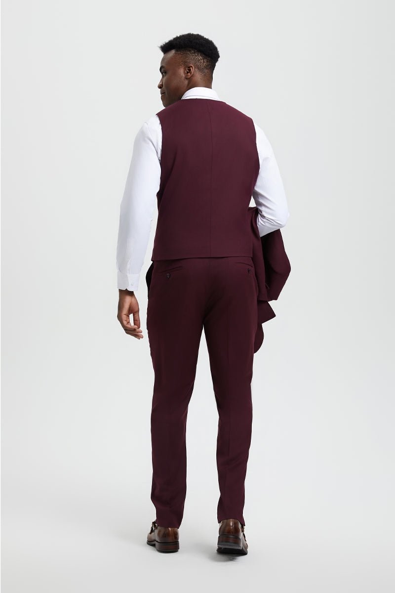 Men’s Vested One Button Peak Lapel Stacy Adams Designer Suit in Burgundy