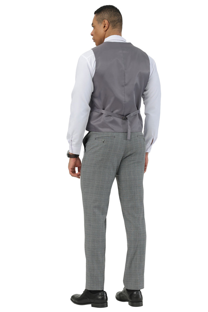 Men’s Stacy Adams Two Button Peak Lapel Suit with Scoop Vest in Grey Glen Plaid