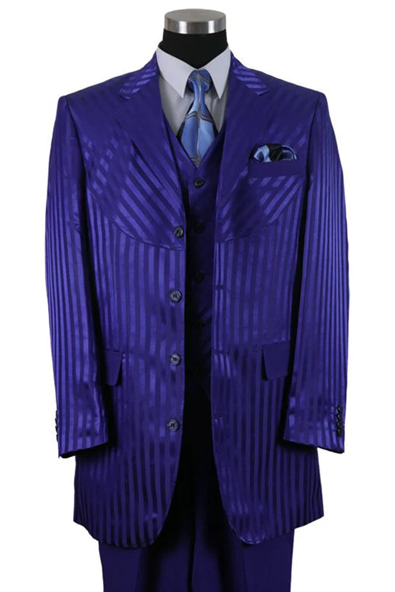 Mens 4 button Semi Wide Leg Shiny Tonal Stripe Fashion Suit in Navy Blue
